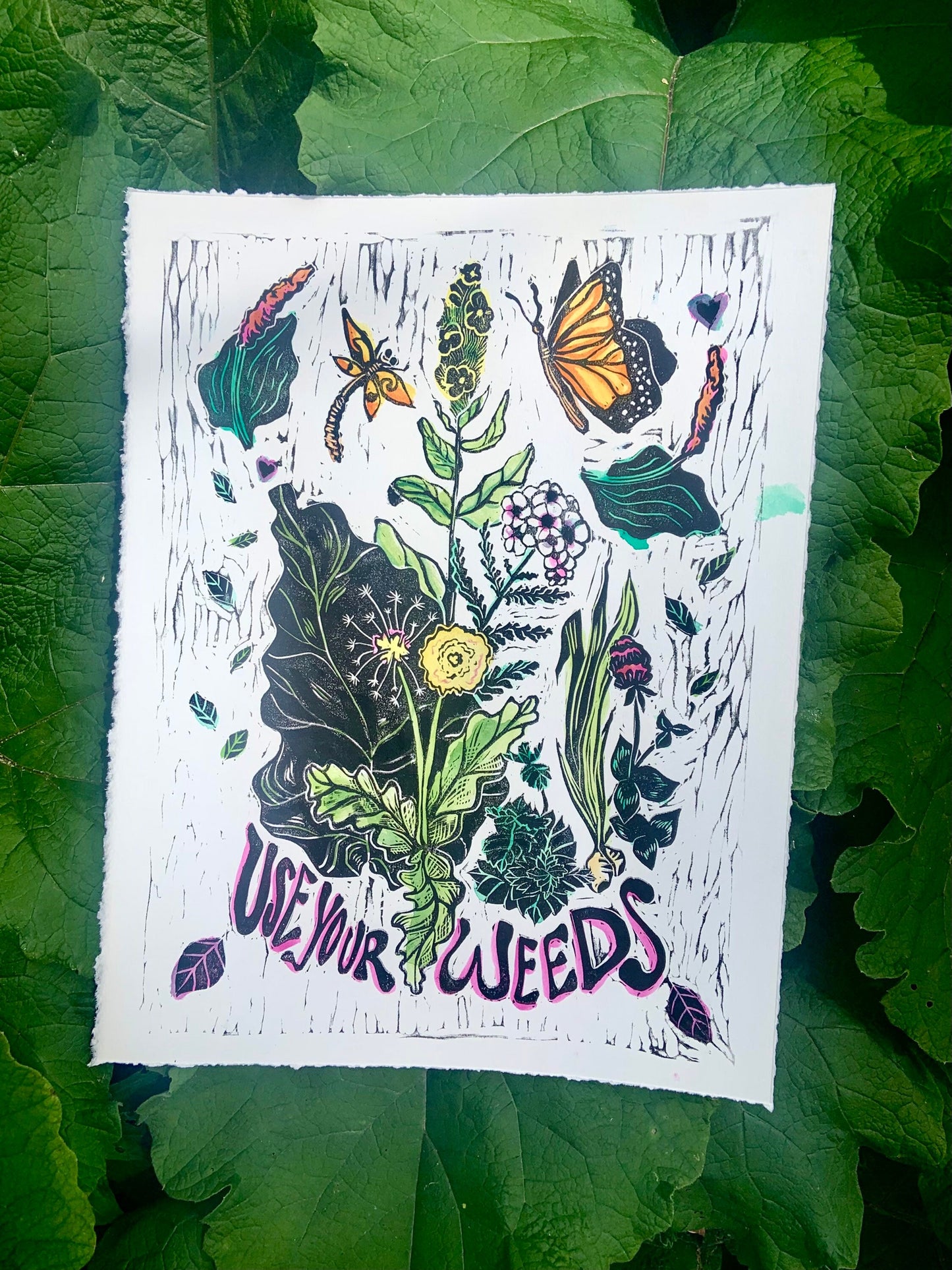 Use Your weeds, herbalist print, Lino cut