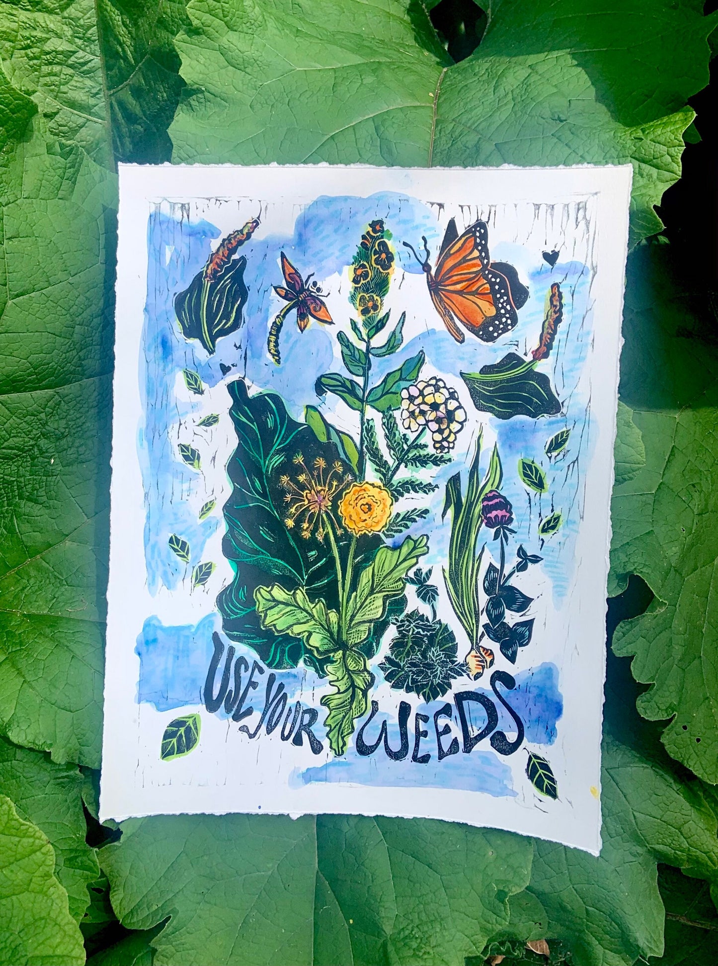 Use Your weeds, herbalist print, Lino cut