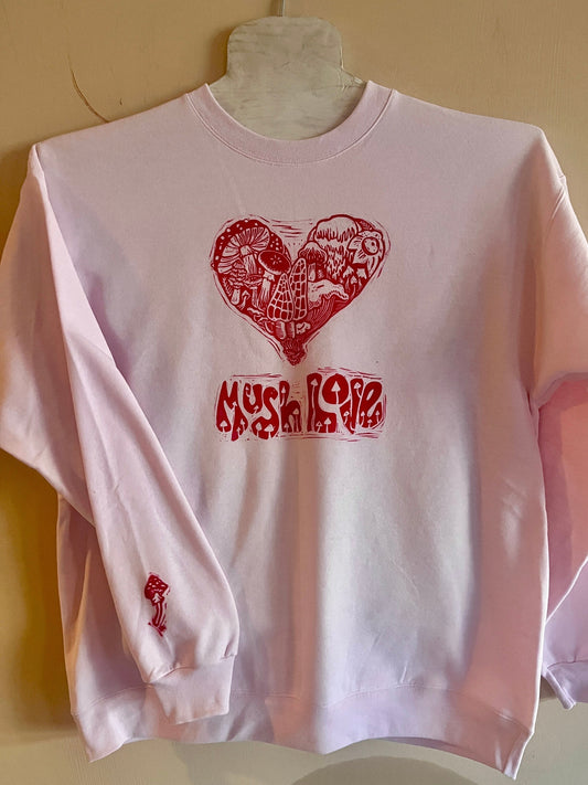 Mush Love, mushroom heart, linocut printed, crewneck sweatshirts, mushroom lover