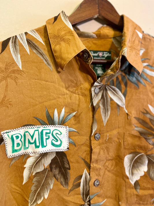 Upcycled Hawaiiain BMFS Shirt, one of a kind button down with billy strings inspired patches