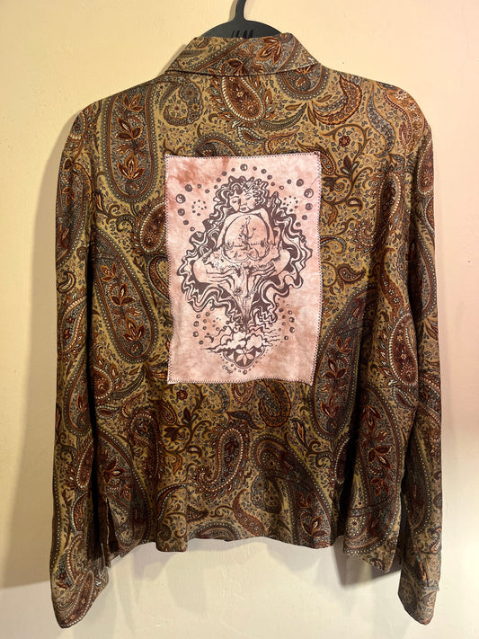 Upcycled Brown Paisley ladies button down shirt, with nature woman and eyeball with flower lash original screen printed patches hand sewn on