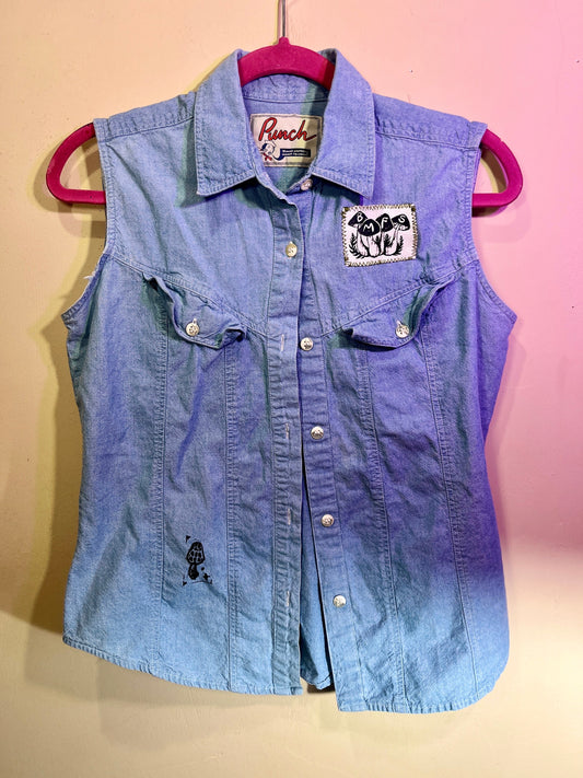 Upcycled Billy Strings Denim Vest Shirt, with linocut prints of bluegrass frog and BMFS msurhoom patch