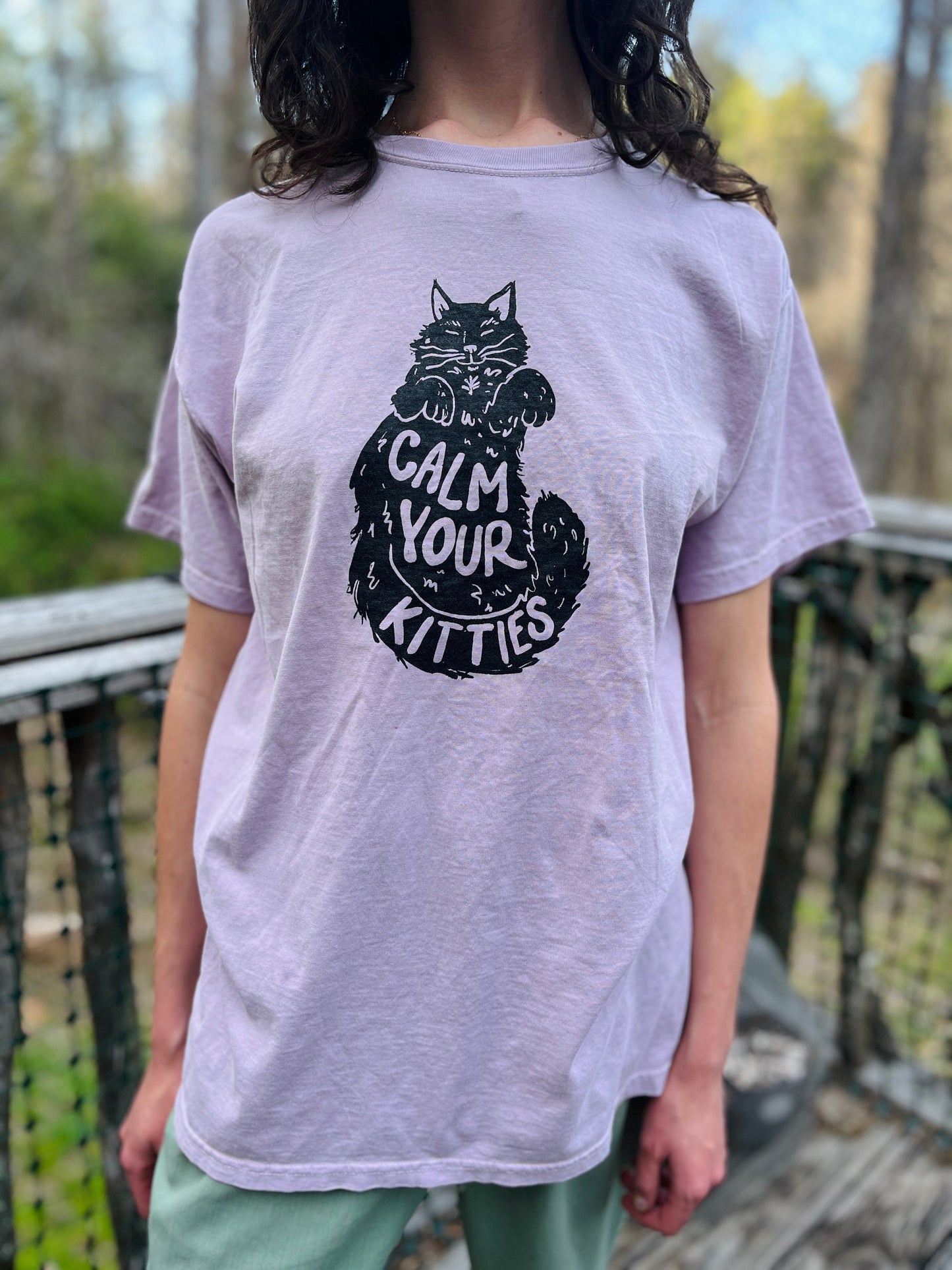 Calm Your Kitties T-Shirt with funny cat pun on botanical dyed oversized shirt, calming shirt, cat lover gift