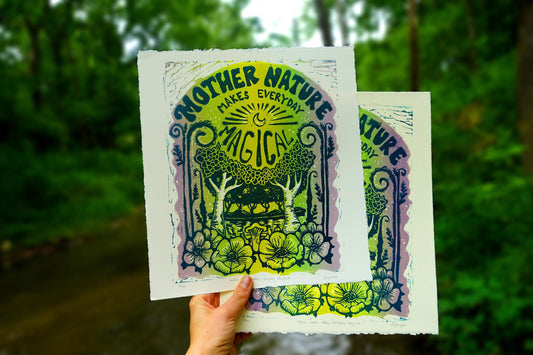 Mother Nature Makes Everyday Magical - original colorful linocut with flowers and mushrooms