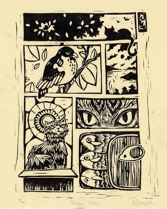 Tabby Tales - Cat Vignette,  Art Nouveau inspired linocut art of cats, sardines, and birds, limited edition and hand printed