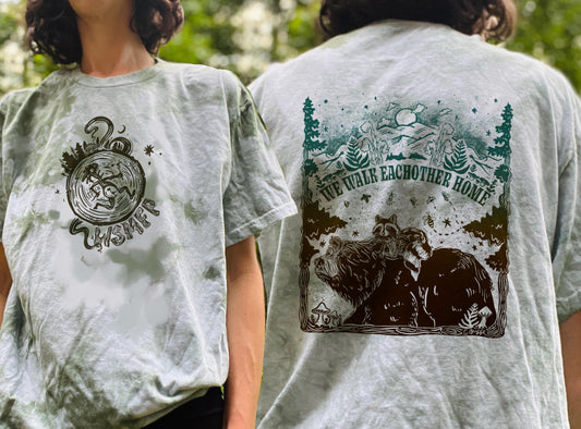 We Walk Each Other Home - WSMFP inspired hand printed tshirt - widespread panic art with note eater and animals