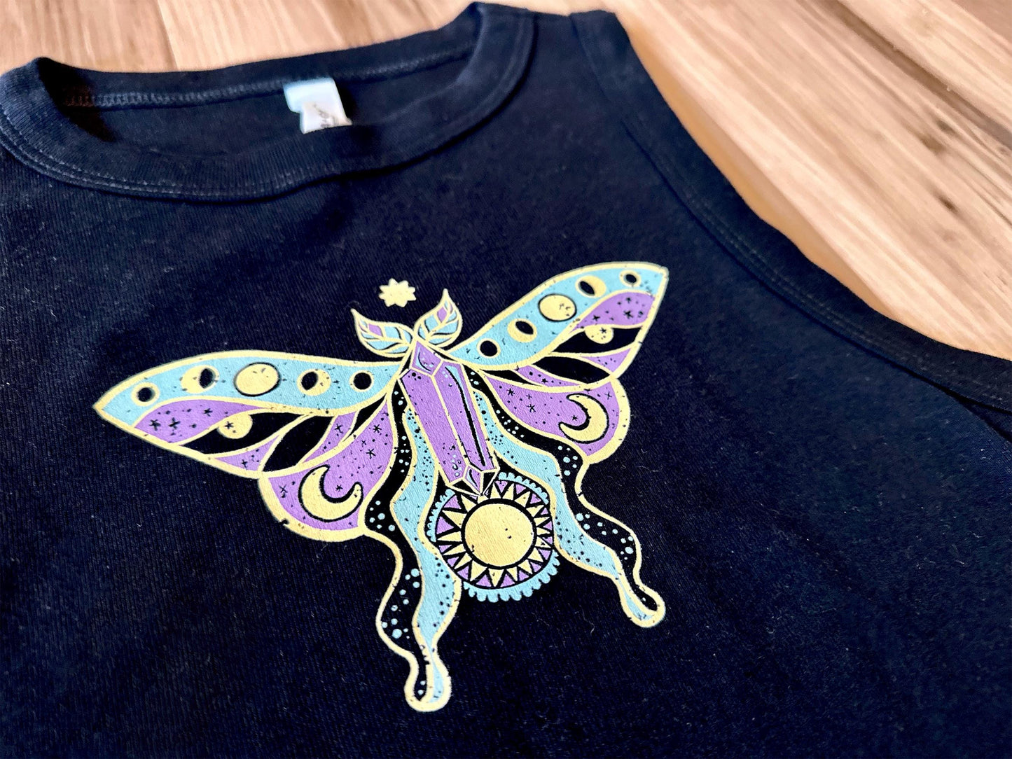 Witchy Luna Moth Ladies Black Crop Tank Top
