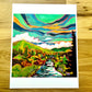 Sun River - Colorful River and Mountain Landscape Painting - Art Print