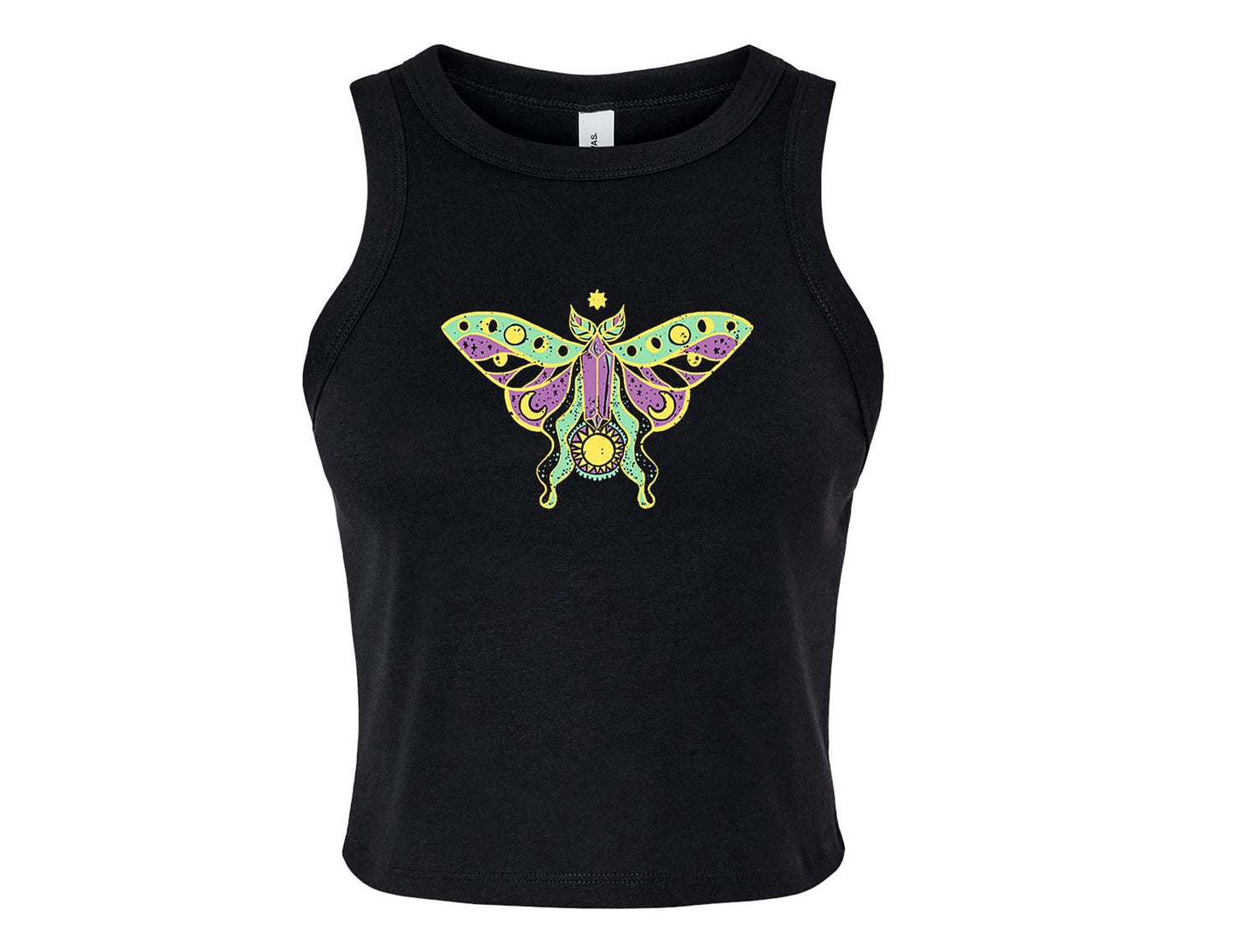 Witchy Luna Moth Ladies Black Crop Tank Top