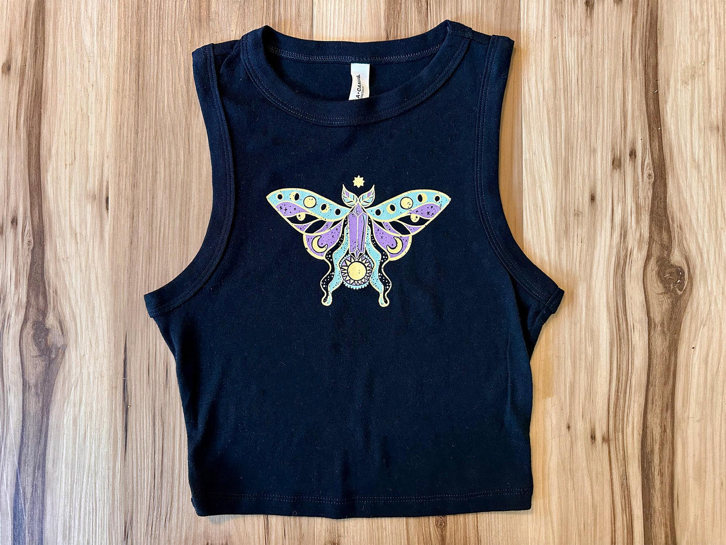Witchy Luna Moth Ladies Black Crop Tank Top