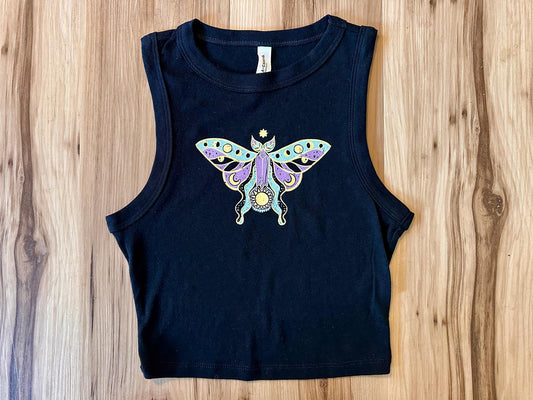 Witchy Luna Moth Ladies Black Crop Tank Top