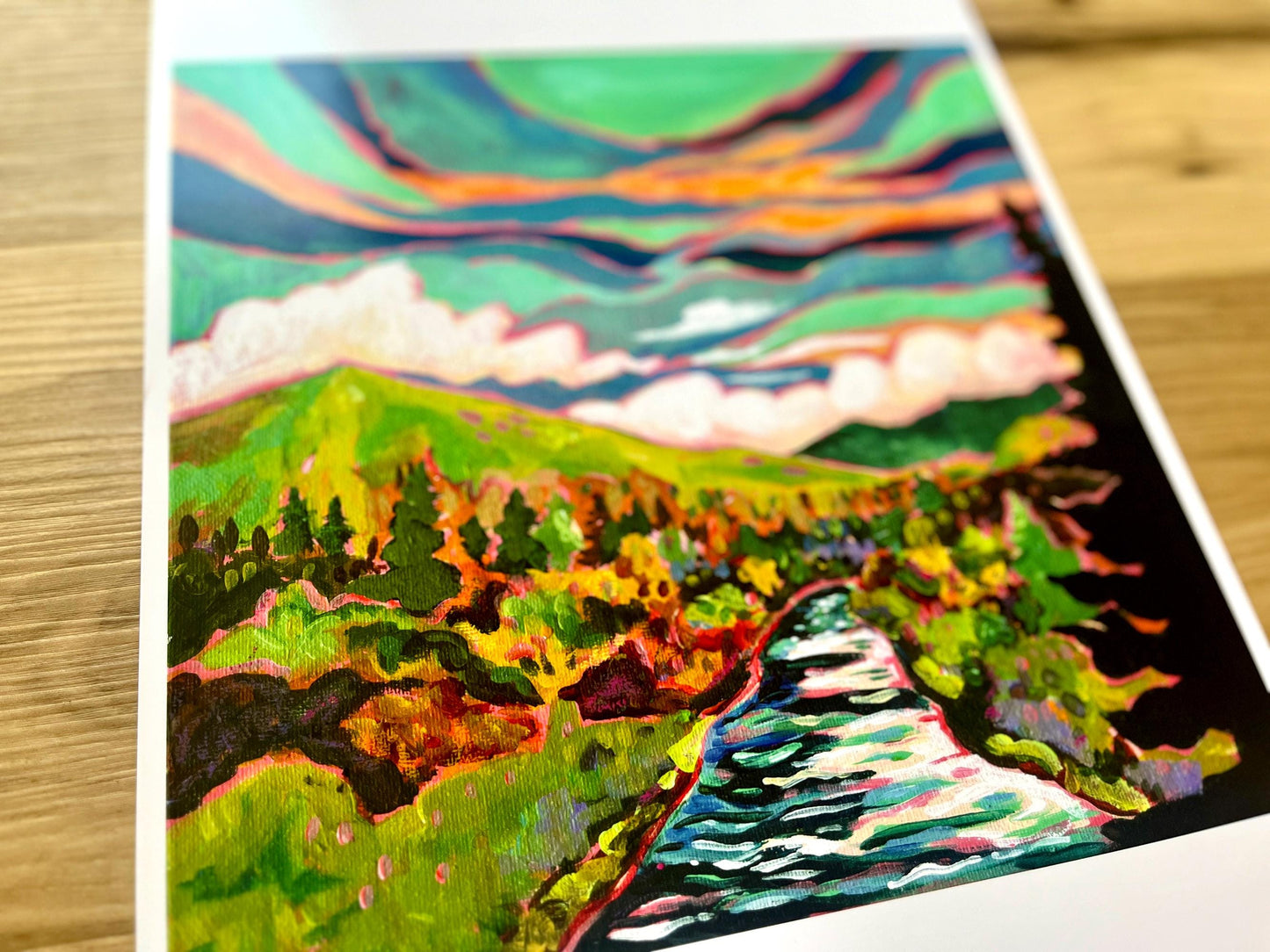 Sun River - Colorful River and Mountain Landscape Painting - Art Print