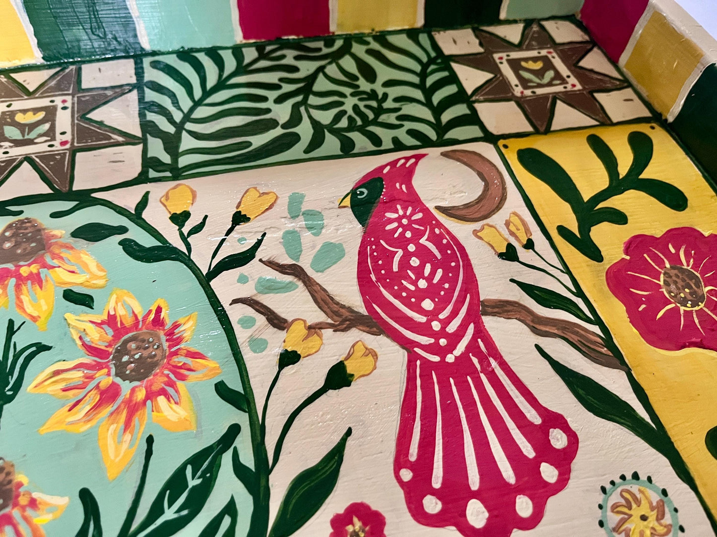 Finding Presence in Flowers - Cat and Cardinal Folk Painting - Unique Upcycled Art - Folk style