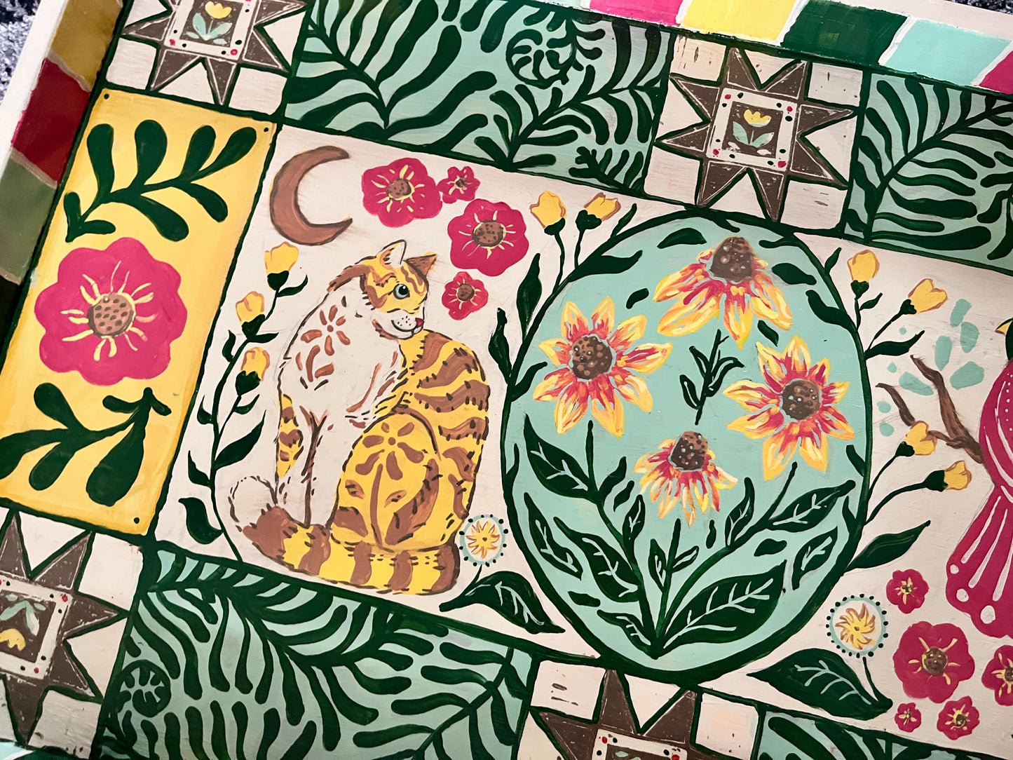 Finding Presence in Flowers - Cat and Cardinal Folk Painting - Unique Upcycled Art - Folk style