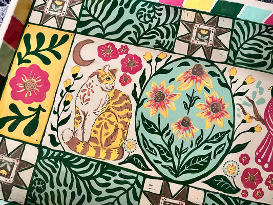 Finding Presence in Flowers - Cat and Cardinal Folk Painting - Unique Upcycled Art - Folk style