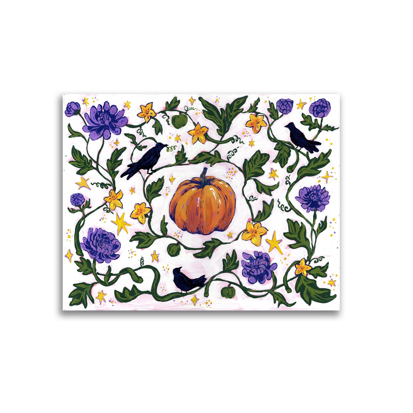 Crow Season - Garden Folk Art Original Painting - Mums and Pumpkin - 14x18 on wood panel