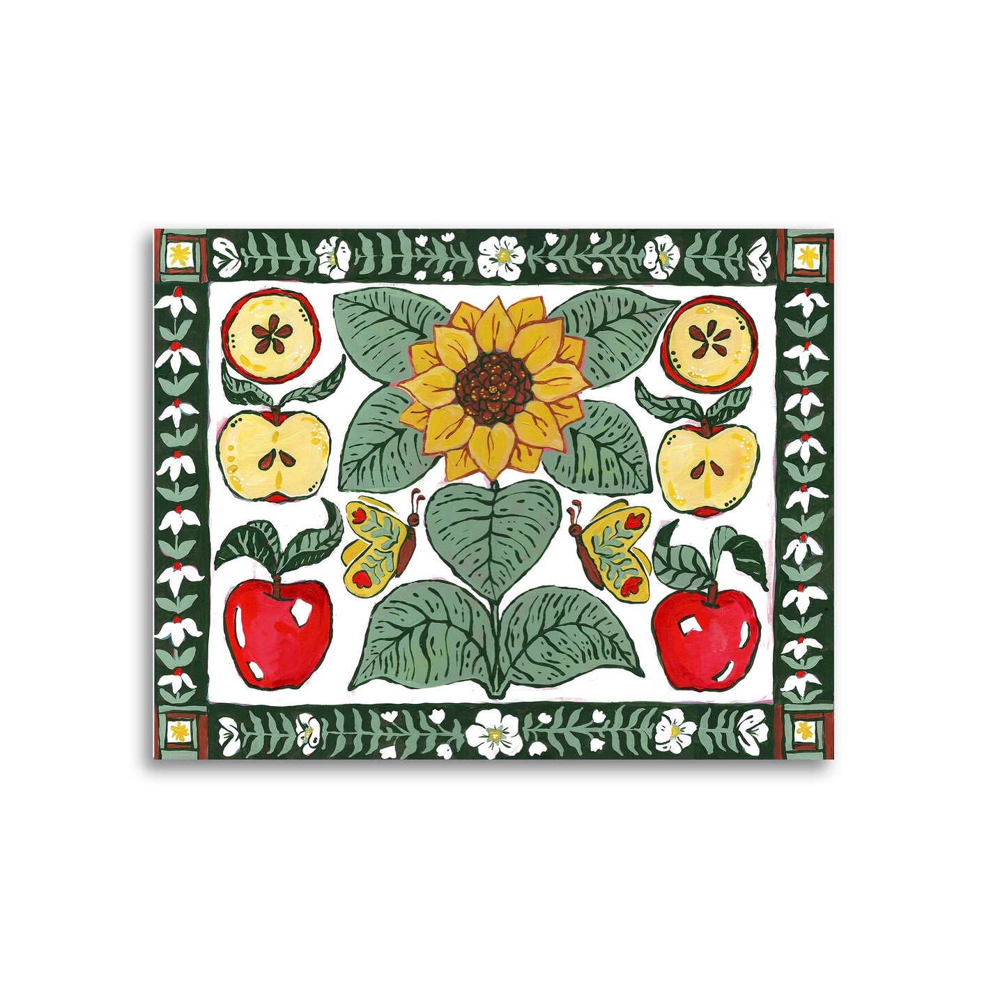 Power of Flowers - Garden Folk Art Original Painting - Apples and Sunflowers - 14x18 on wood panel