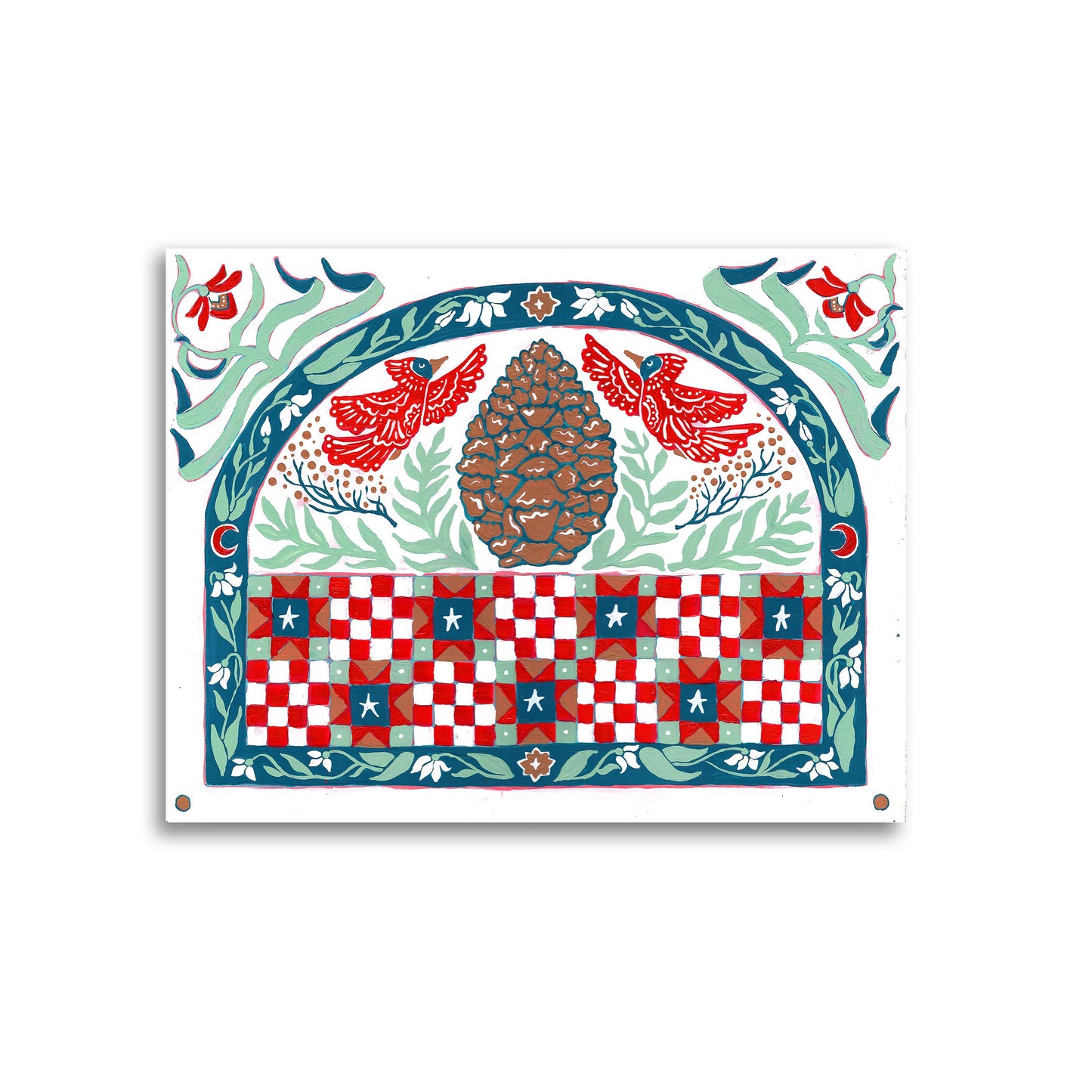 Winter Friends - Garden Folk Art Original Painting - Pine Cone Cardinal Snowdrop - 14x18 on wood panel