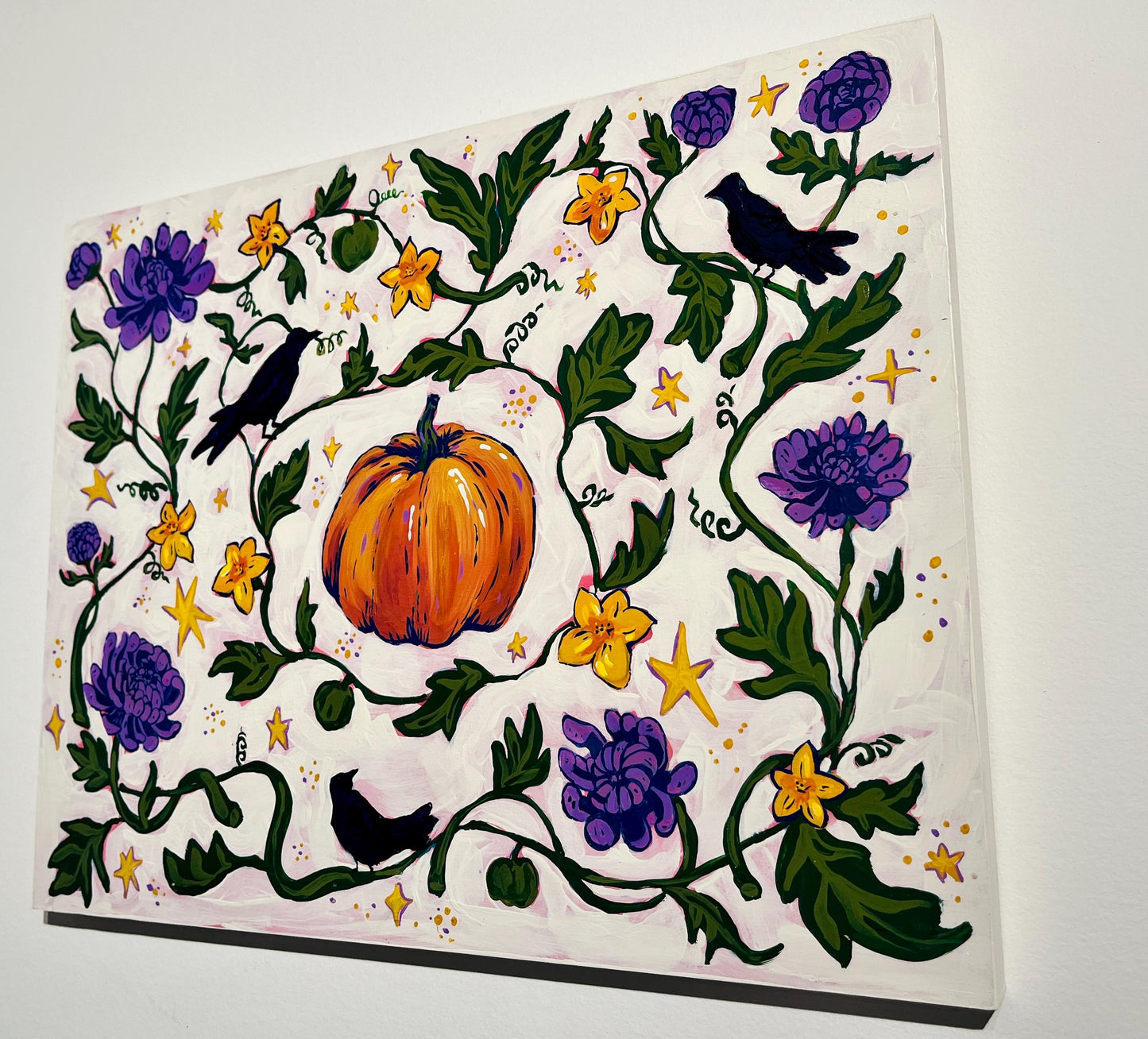 Crow Season - Garden Folk Art Original Painting - Mums and Pumpkin - 14x18 on wood panel