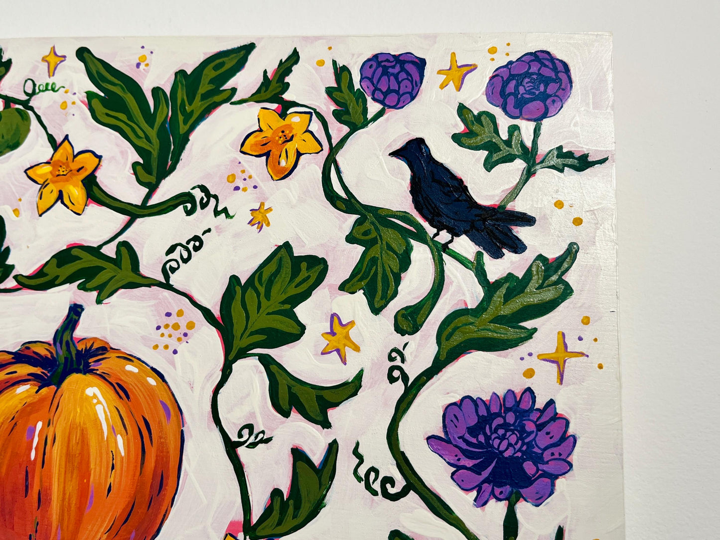 Crow Season - Garden Folk Art Original Painting - Mums and Pumpkin - 14x18 on wood panel