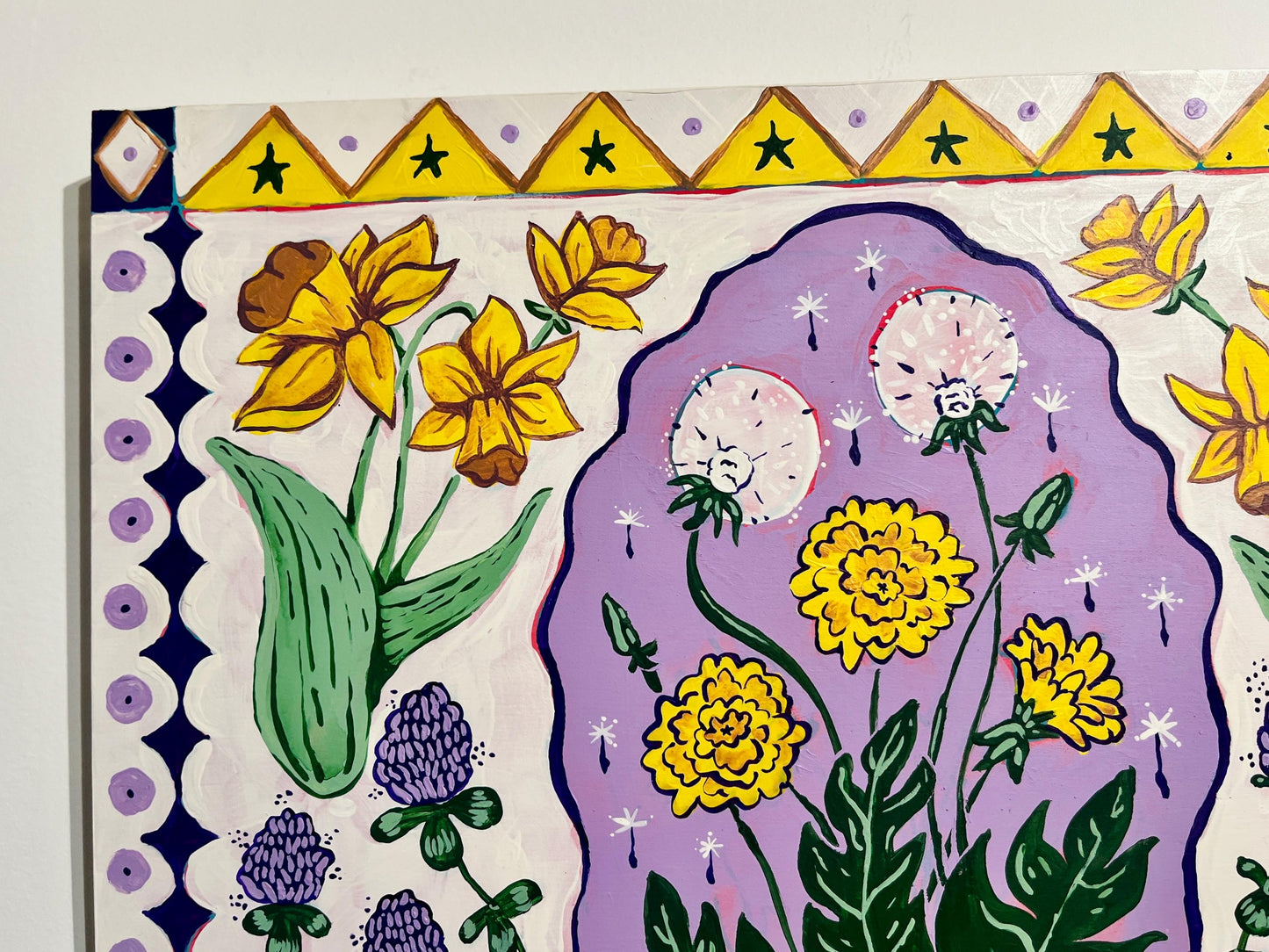 Daffodils and Dandelions - Garden Folk Art Original Painting  - 14x18 on wood panel - art print