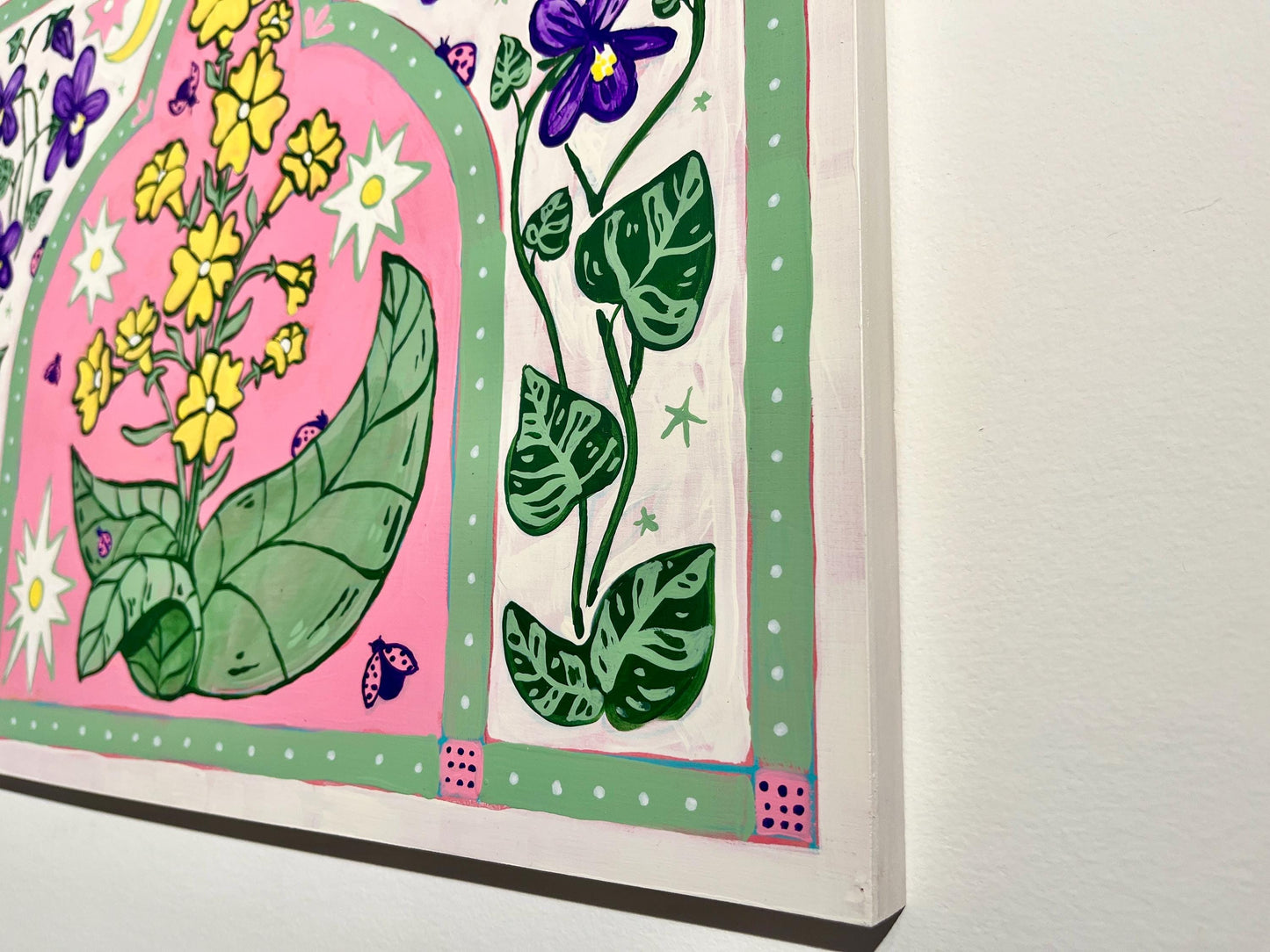 Hope of Spring Flowers - Garden Folk Art Original Painting - Buttercups and Violets - 14x18 on wood panel