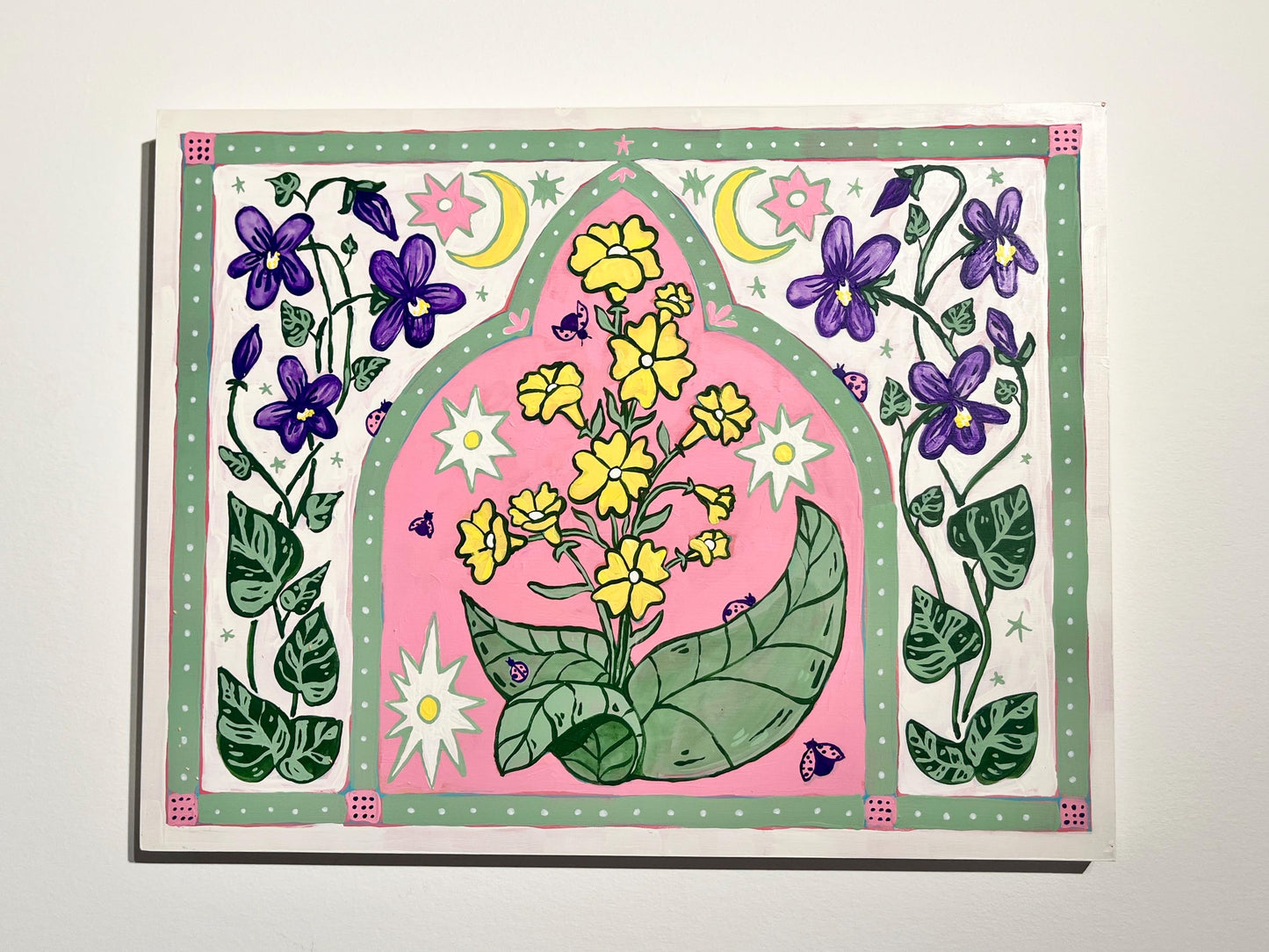 Hope of Spring Flowers - Garden Folk Art Original Painting - Buttercups and Violets - 14x18 on wood panel