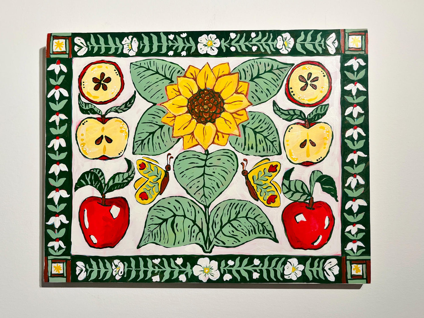Power of Flowers - Garden Folk Art Original Painting - Apples and Sunflowers - 14x18 on wood panel