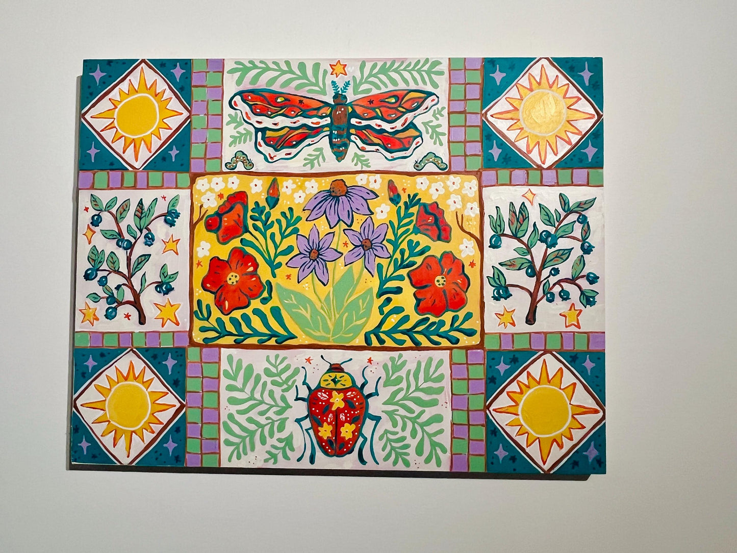 Garden Joy - Garden Folk Art Original Painting - Blueberries Bugs Flowers - 14x18 on wood panel