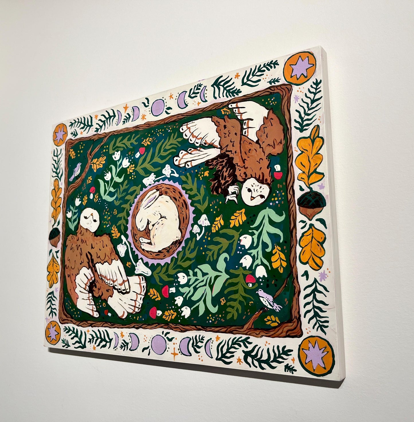 Nature's Cycles - Garden Folk Art Original Painting - Rabbit and Owl - 14x18 on wood panel