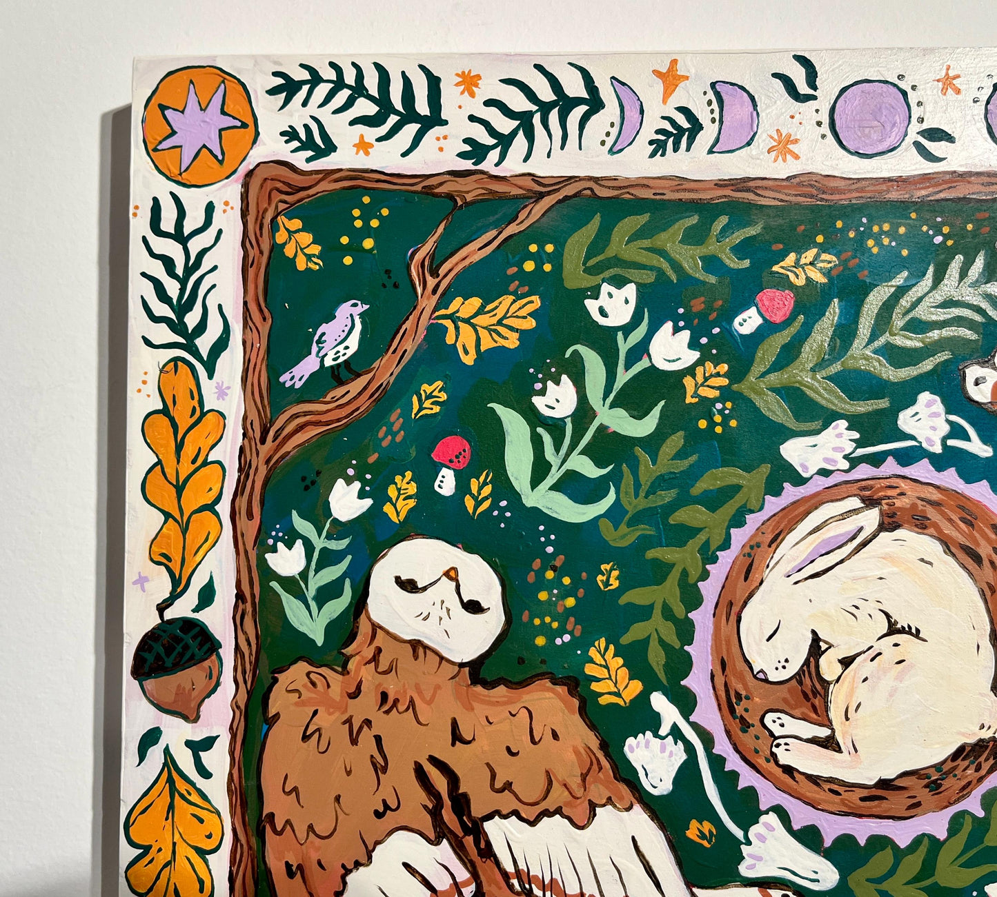 Nature's Cycles - Garden Folk Art Original Painting - Rabbit and Owl - 14x18 on wood panel