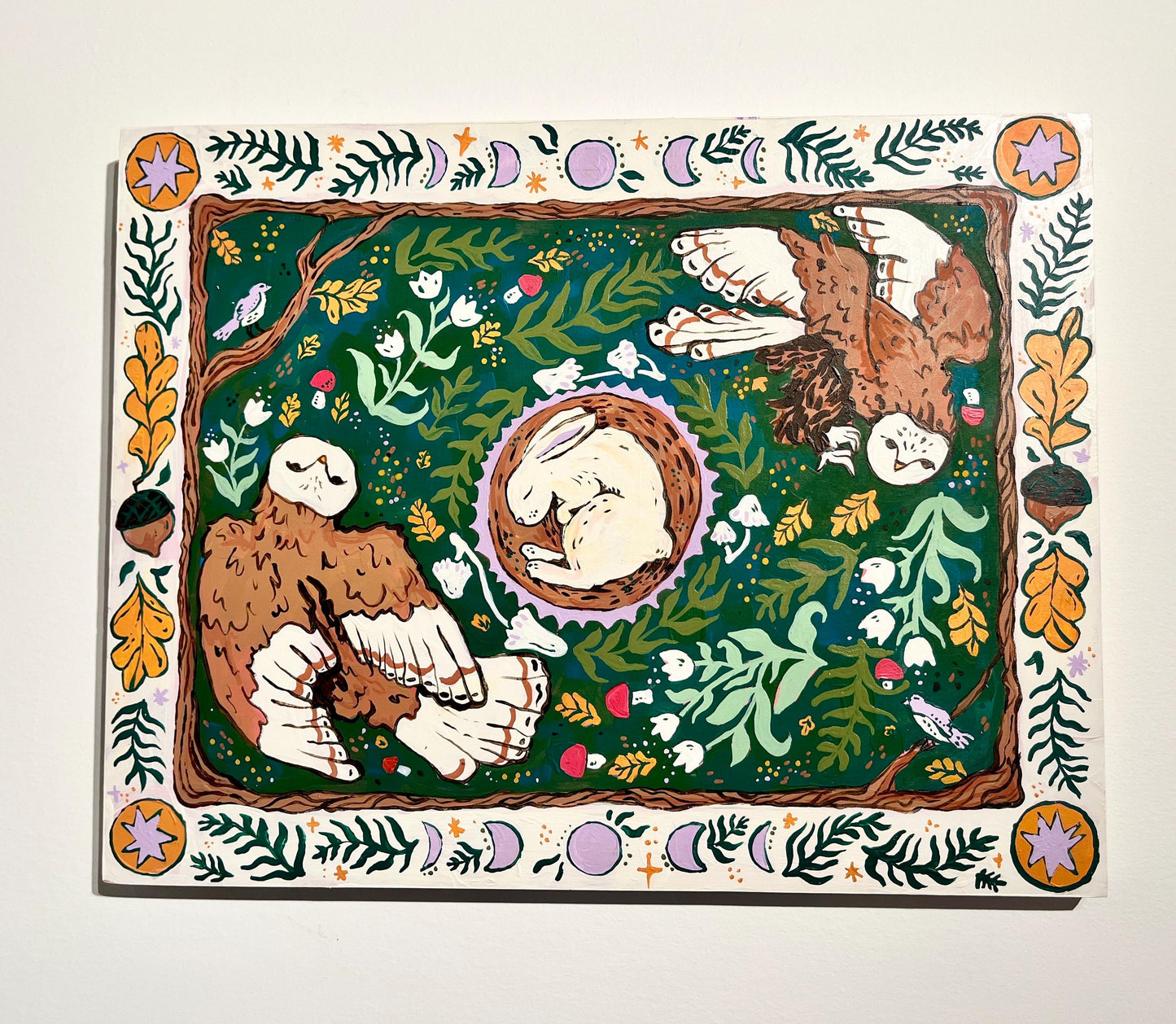 Nature's Cycles - Garden Folk Art Original Painting - Rabbit and Owl - 14x18 on wood panel