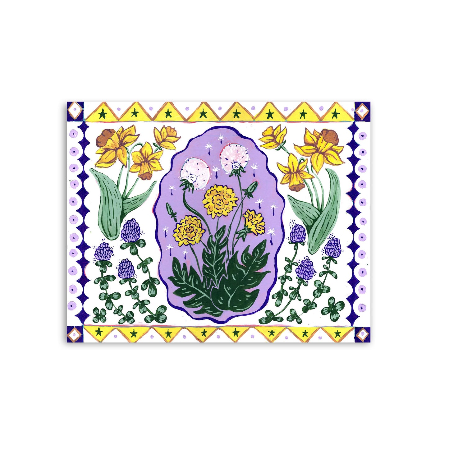 Daffodils and Dandelions - Garden Folk Art Original Painting  - 14x18 on wood panel - art print