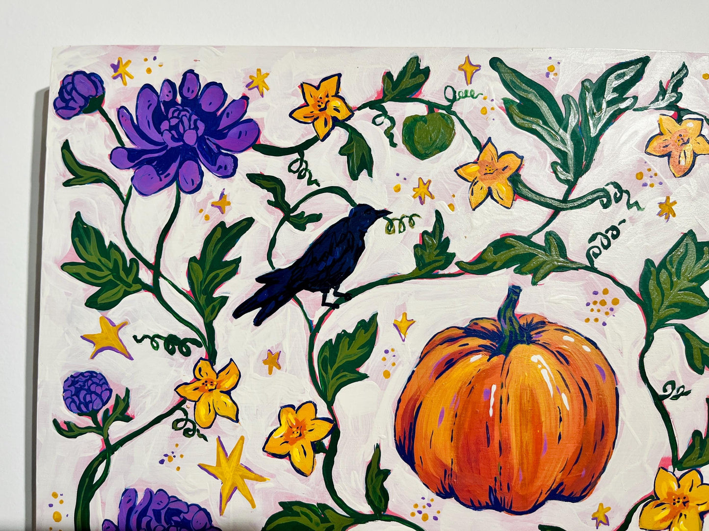 Crow Season - Garden Folk Art Original Painting - Mums and Pumpkin - 14x18 on wood panel