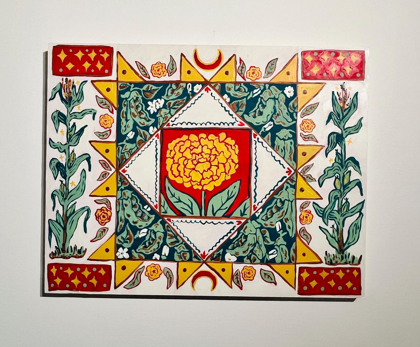 Plant Power - Garden Folk Art Original Painting - Corn Bean Marigolds- 14x18 on wood panel