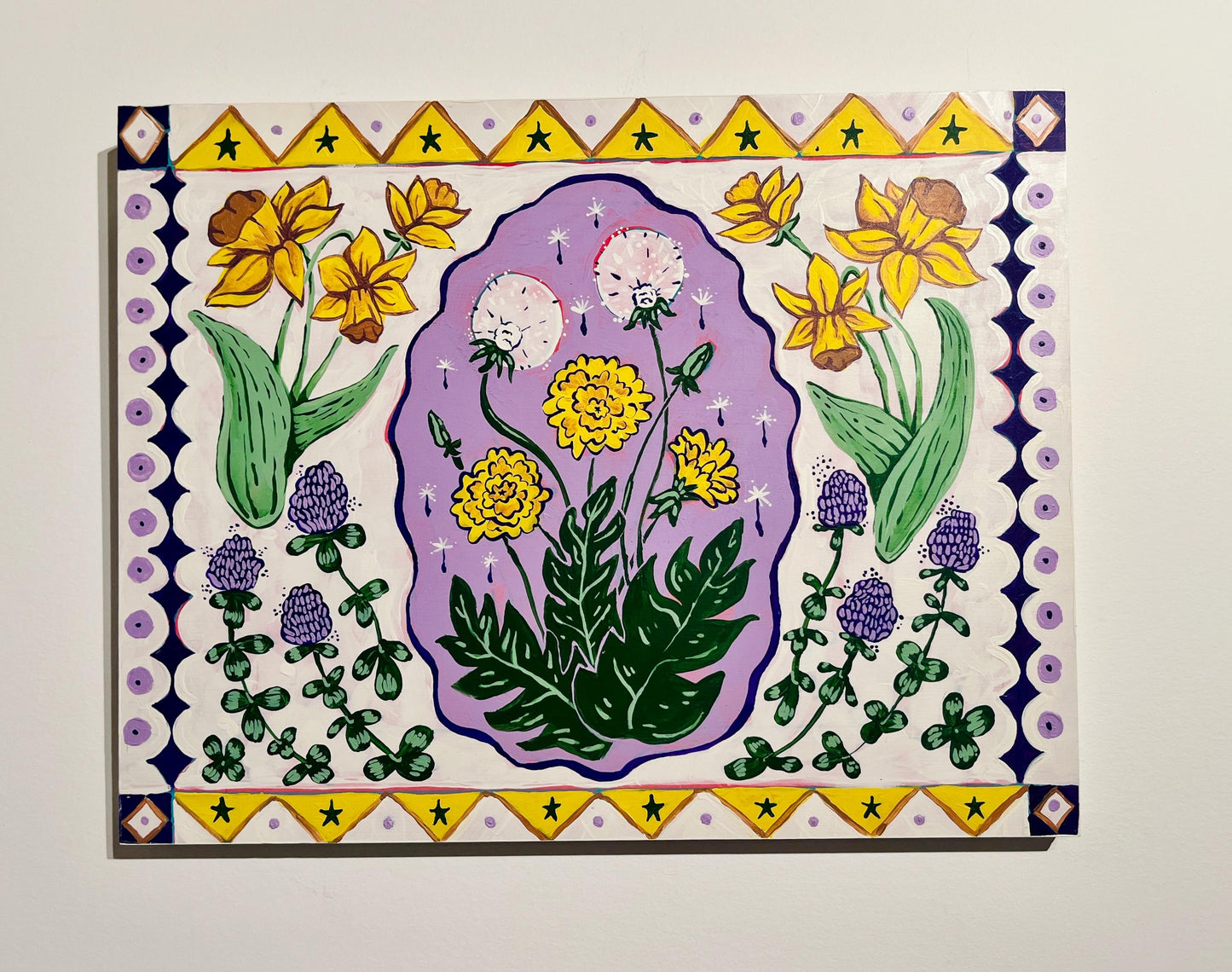 Daffodils and Dandelions - Garden Folk Art Original Painting  - 14x18 on wood panel - art print