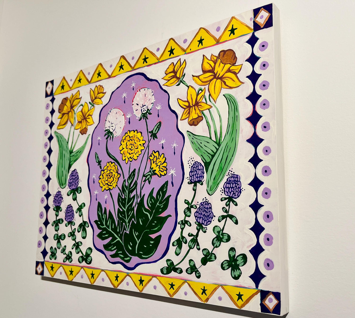 Daffodils and Dandelions - Garden Folk Art Original Painting  - 14x18 on wood panel - art print