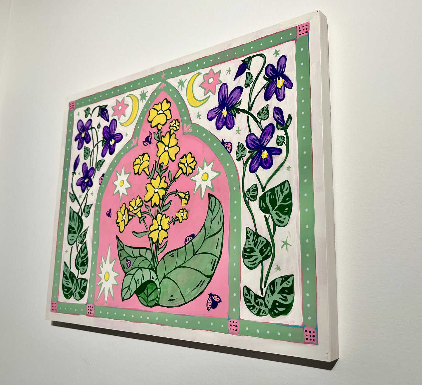 Hope of Spring Flowers - Garden Folk Art Original Painting - Buttercups and Violets - 14x18 on wood panel