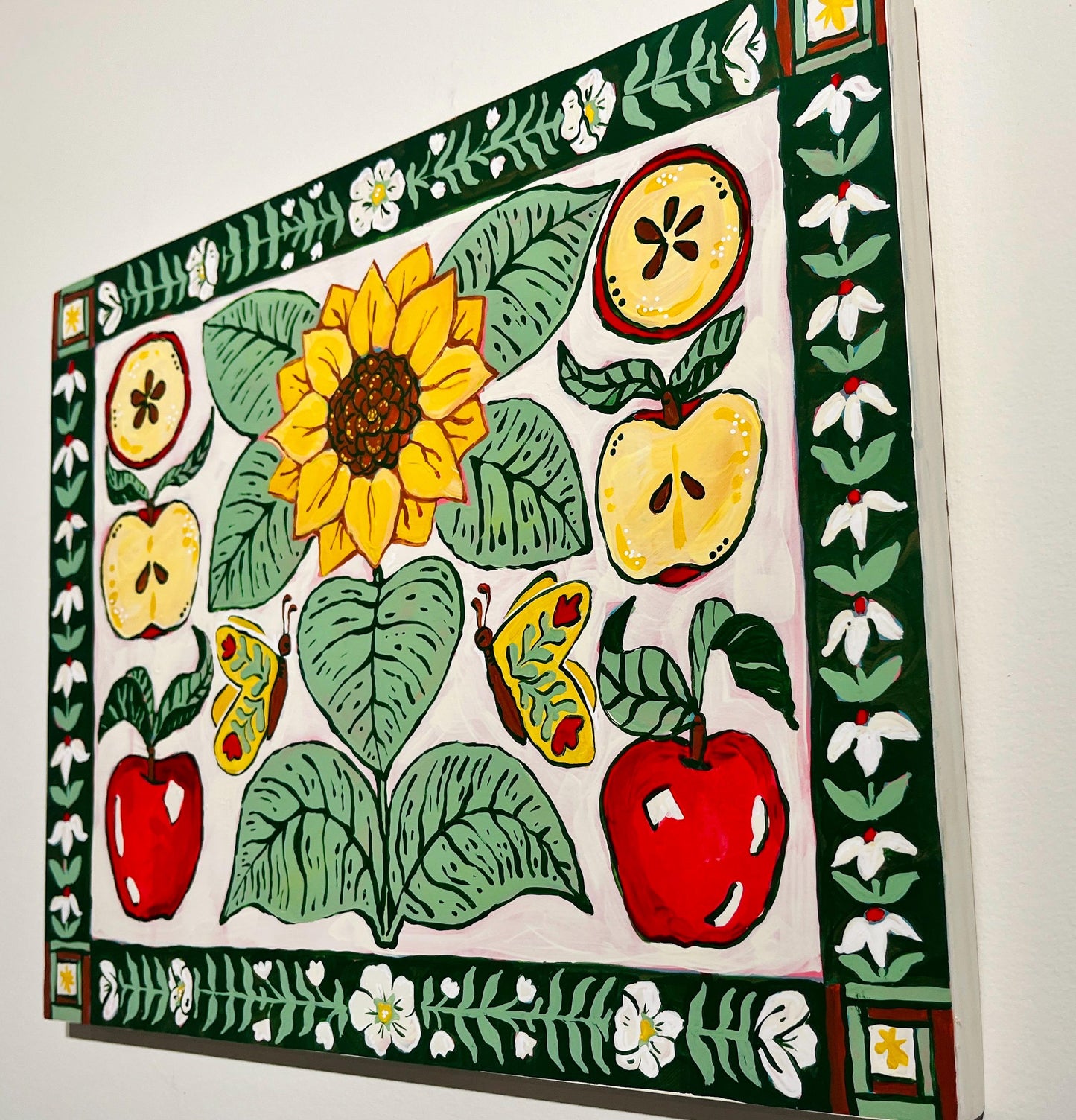 Power of Flowers - Garden Folk Art Original Painting - Apples and Sunflowers - 14x18 on wood panel