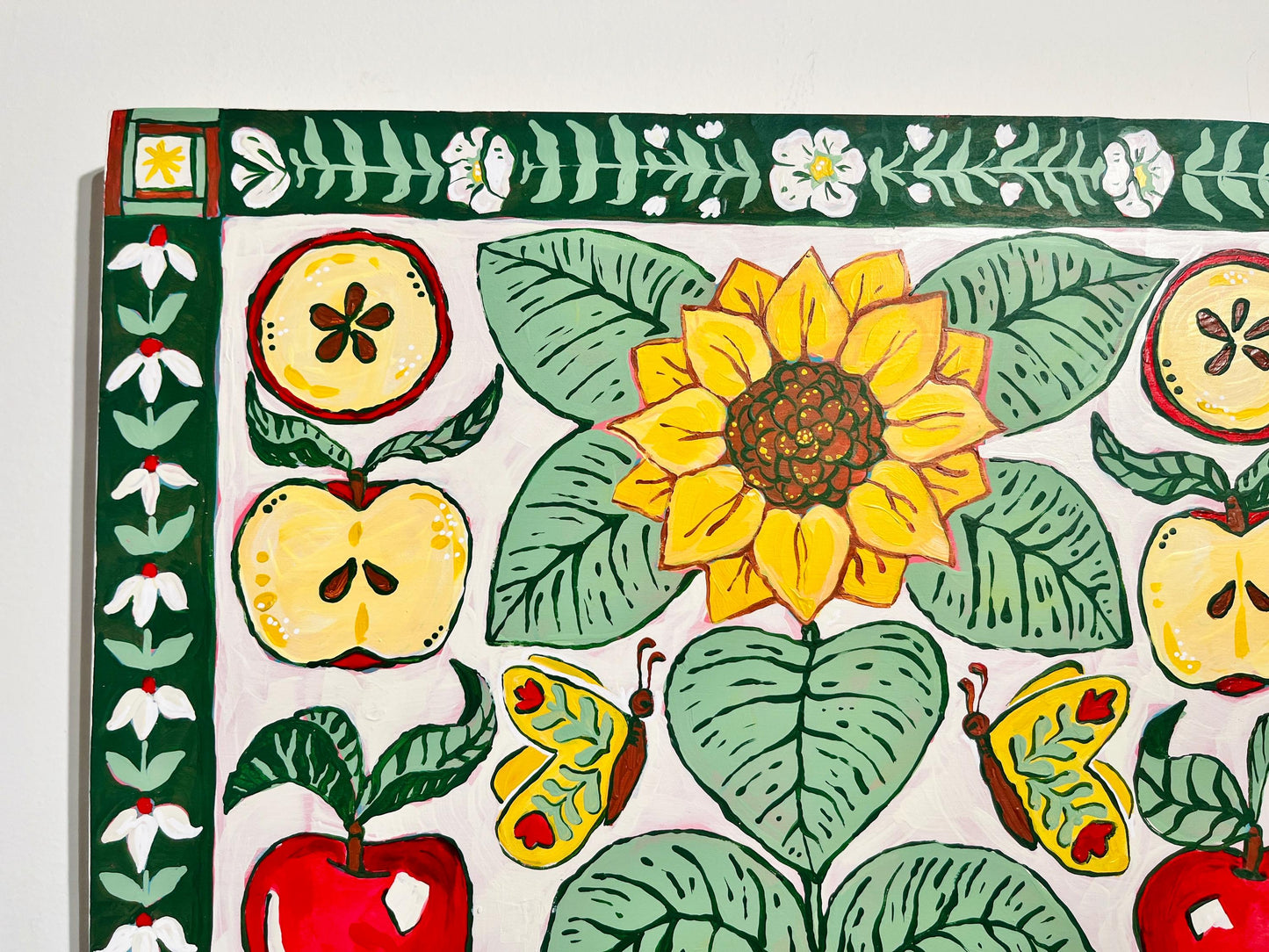 Power of Flowers - Garden Folk Art Original Painting - Apples and Sunflowers - 14x18 on wood panel