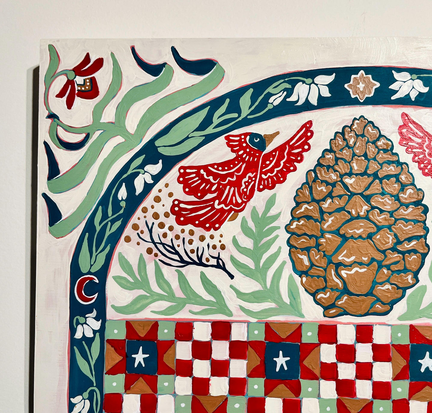 Winter Friends - Garden Folk Art Original Painting - Pine Cone Cardinal Snowdrop - 14x18 on wood panel