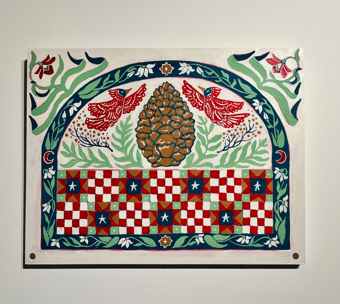 Winter Friends - Garden Folk Art Original Painting - Pine Cone Cardinal Snowdrop - 14x18 on wood panel