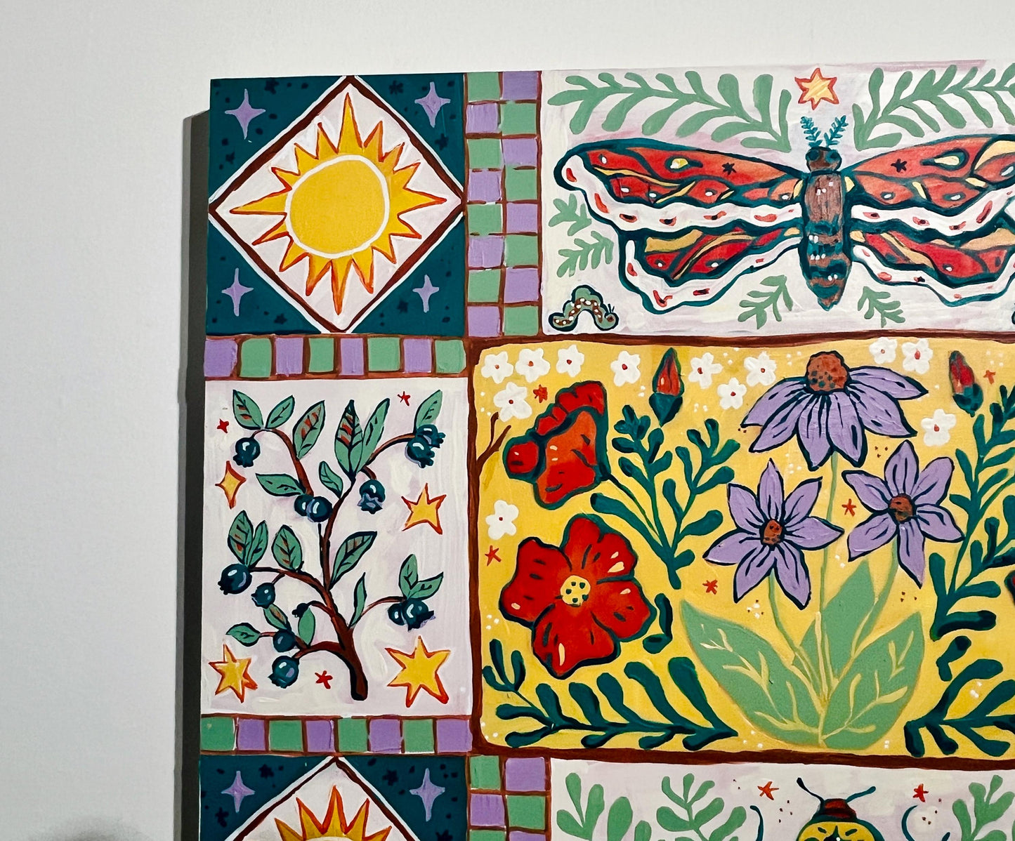 Garden Joy - Garden Folk Art Original Painting - Blueberries Bugs Flowers - 14x18 on wood panel
