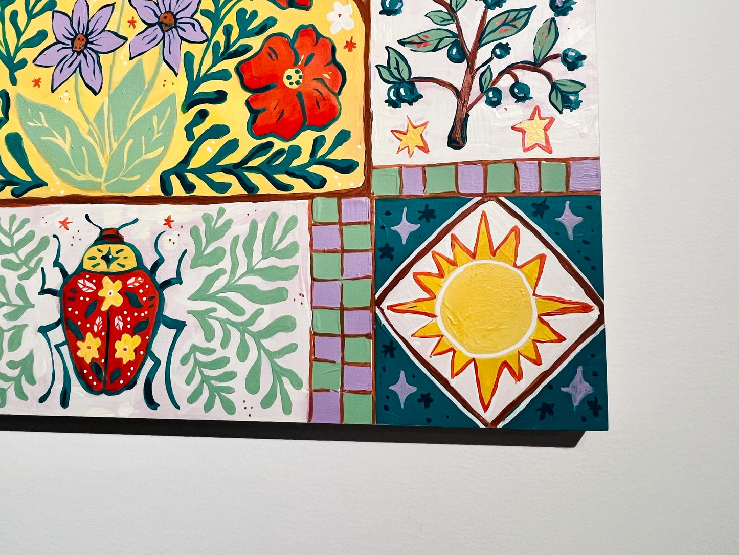 Garden Joy - Garden Folk Art Original Painting - Blueberries Bugs Flowers - 14x18 on wood panel
