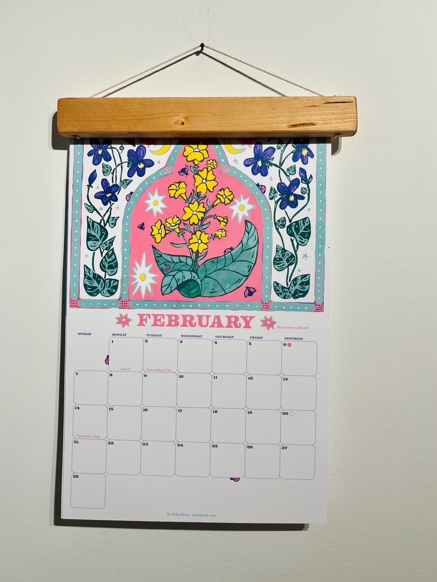 2027 Garden Folk Wall Calendar - Handmade with Original Paintings - Wooden Hanger