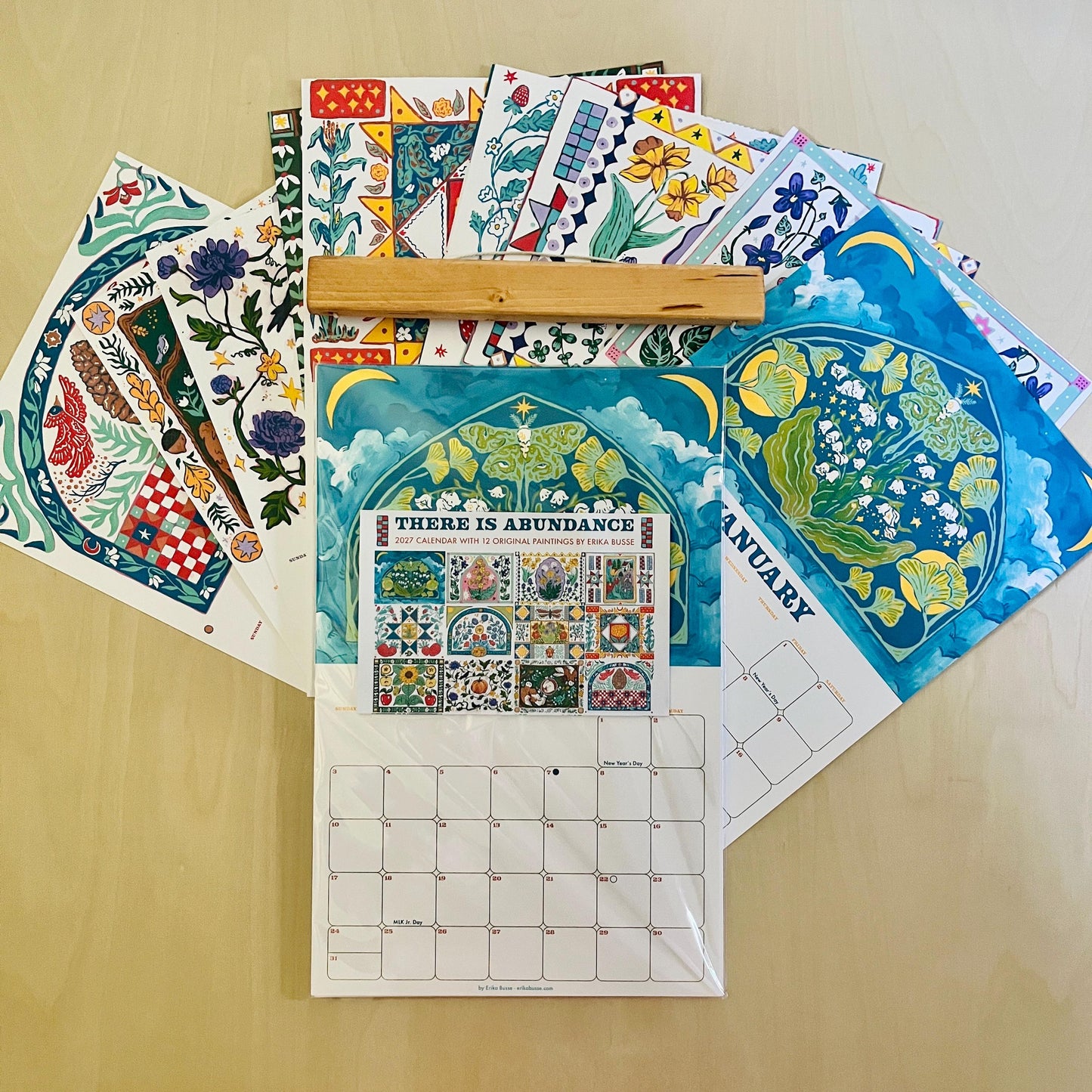 2027 Garden Folk Wall Calendar - Handmade with Original Paintings - Wooden Hanger