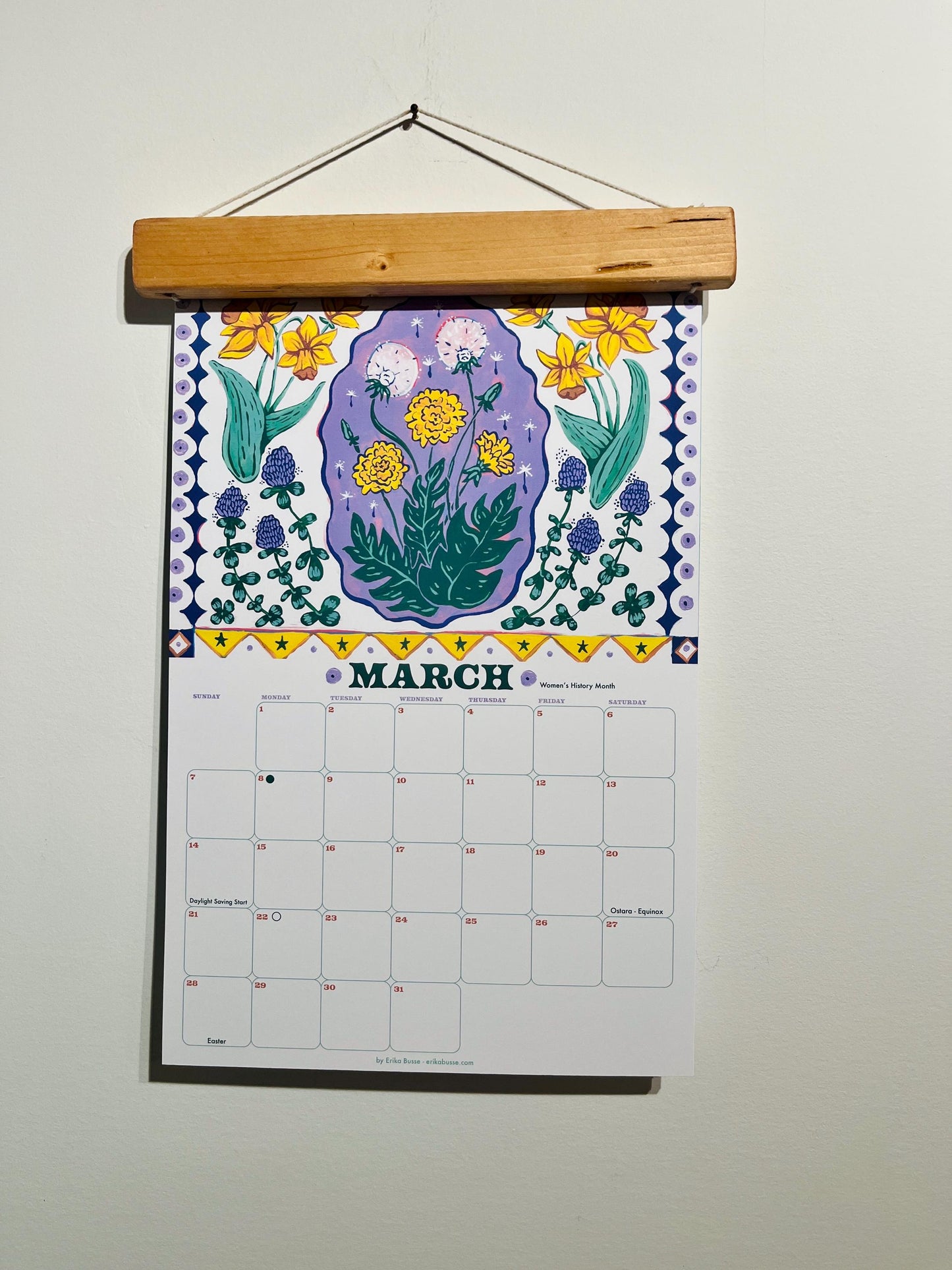 2027 Garden Folk Wall Calendar - Handmade with Original Paintings - Wooden Hanger