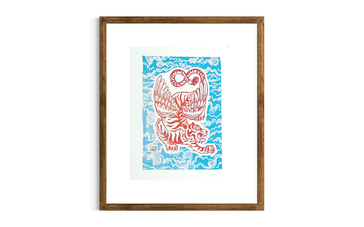 Decorative wall art with a orange and white winged tiger design on a blue and white cloud pattern. by asheville artist erika busse framed