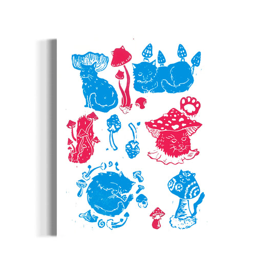 Meowshroom - Original Linocut Print in Blue and Pink