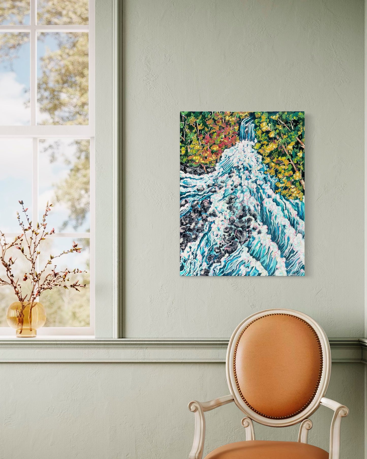 Canvas painting of a waterfall surrounded by trees with autumn foliage by asheville artist erika busse